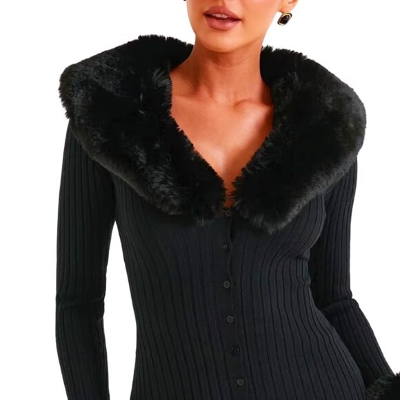 Cache Sweaters - CACHE Black Bodycon Fur Collar Zip Front Cardigan Sweater Silk Ribbed Knit S